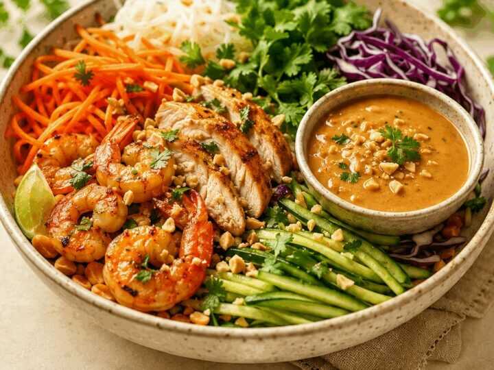 Entdecken Sie die bunte Frühlingsrollen-Bowl mit Garnelen oder Hühnchen und würziger Erdnusssauce!