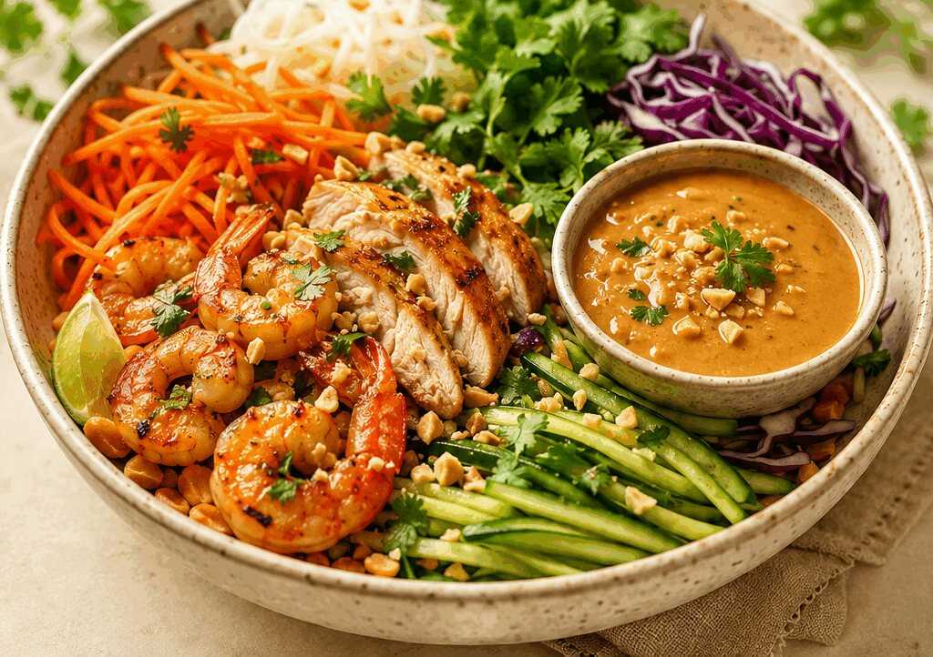 Entdecken Sie die bunte Frühlingsrollen-Bowl mit Garnelen oder Hühnchen und würziger Erdnusssauce!