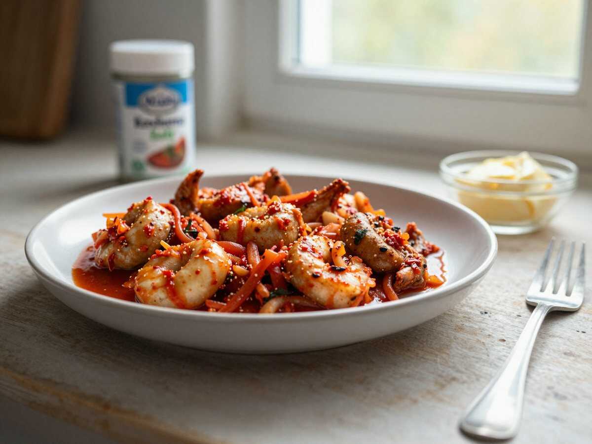 Entdecken Sie die verführerische Kimchi-Garnelen-Pfanne: Ihr neues Lieblingsgericht für den schnellen Genuss! – während der Zubereitung