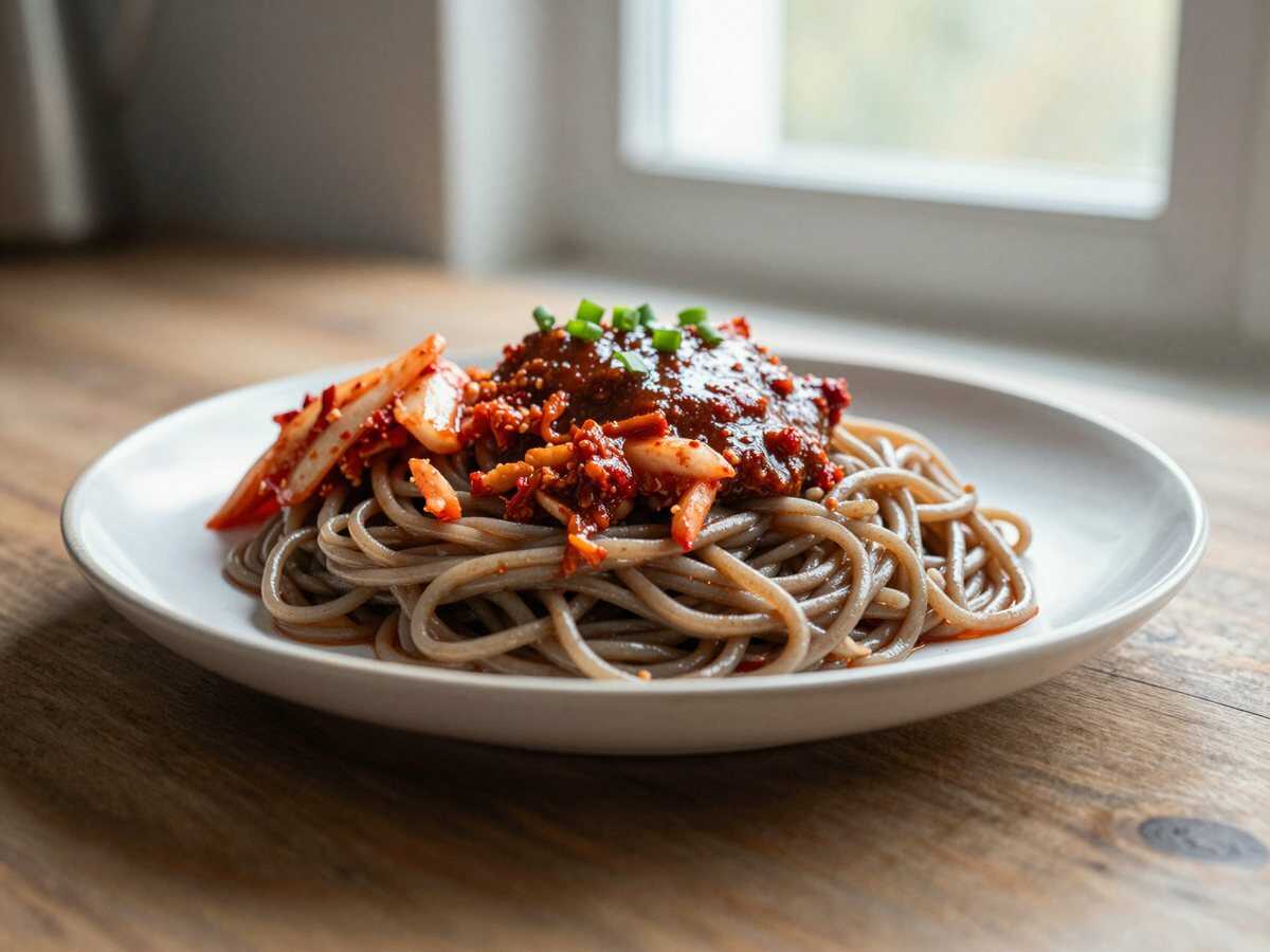 Erfrischend und Lecker: Kimchi Bibim Guksu - Dein neuer Sommerhit! – während der Zubereitung