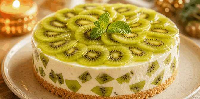 Erfrischende Kiwi-Frischkäse-Torte mit Butterkeksboden – ganz ohne Backen! – so sieht es fertig aus