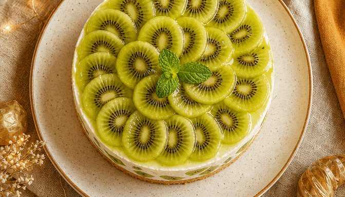 Erfrischende Kiwi-Frischkäse-Torte mit Butterkeksboden – ganz ohne Backen!