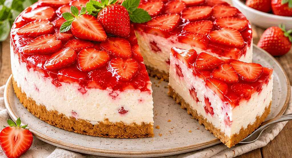 Erfrischender Erdbeer-Quarkkuchen mit knusprigem Keksboden – unwiderstehlich lecker! – so sieht es fertig aus