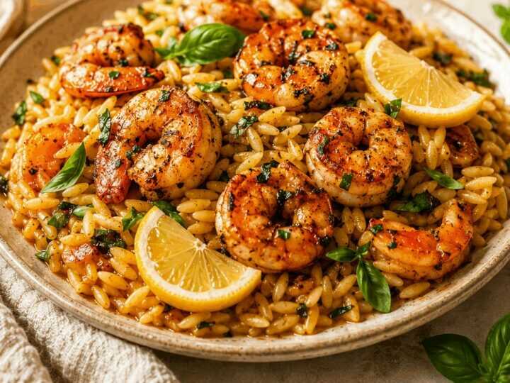 Erleben Sie heute würzige südliche Garnelen mit Zitronen-Basilikum-Orzo!