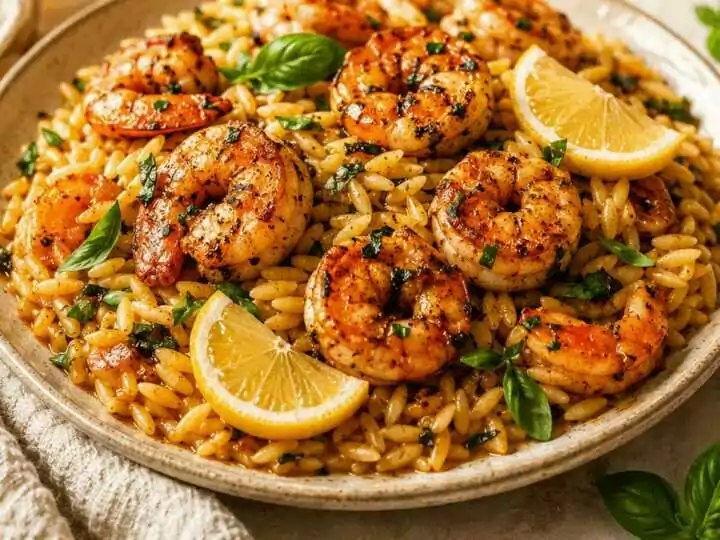 Erleben Sie heute würzige südliche Garnelen mit Zitronen-Basilikum-Orzo!