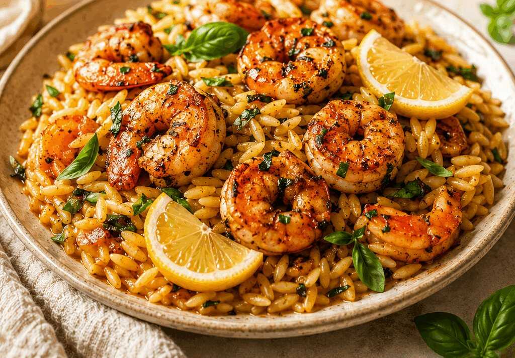 Erleben Sie heute würzige südliche Garnelen mit Zitronen-Basilikum-Orzo!