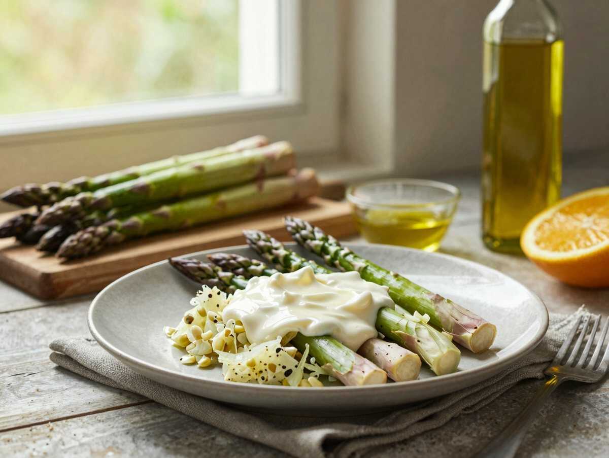 Fantastischer Spargelsalat mit 250 g Sahne den ich jedes Jahr bereite – während der Zubereitung