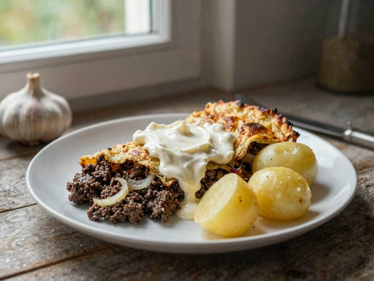 Farmerauflauf mit 450 g Crème fraîche und 1 kg Hackfleisch! – während der Zubereitung