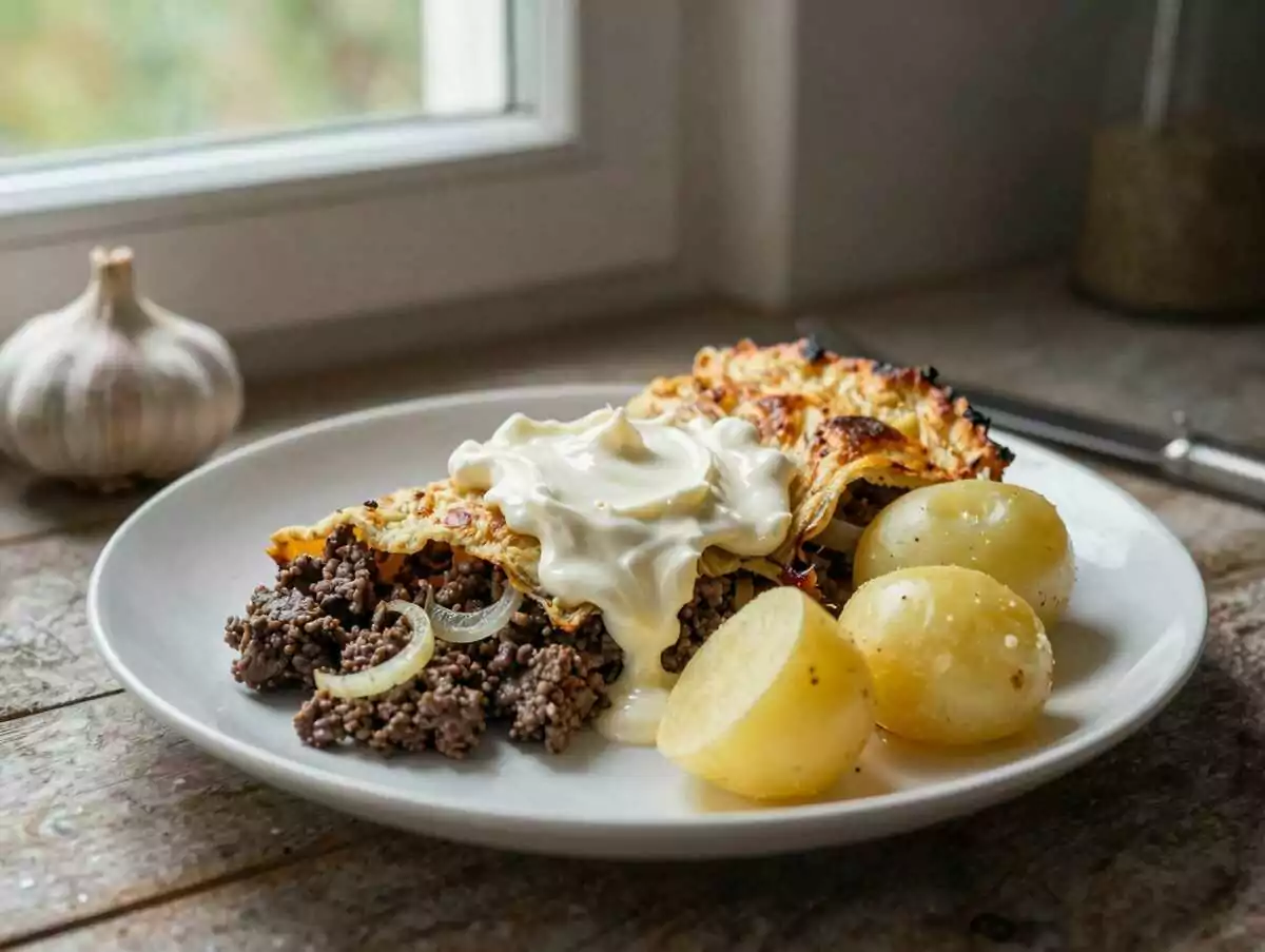 Farmerauflauf mit 450 g Crème fraîche und 1 kg Hackfleisch! – während der Zubereitung