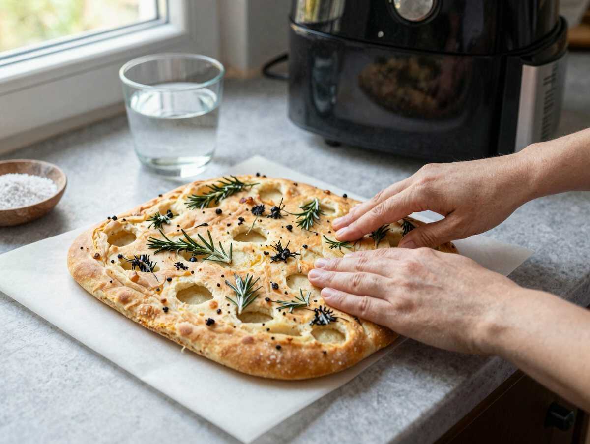 Focaccia mit Rosmarin aus dem Airfryer – günstig, schnell und unglaublich lecker – während der Zubereitung