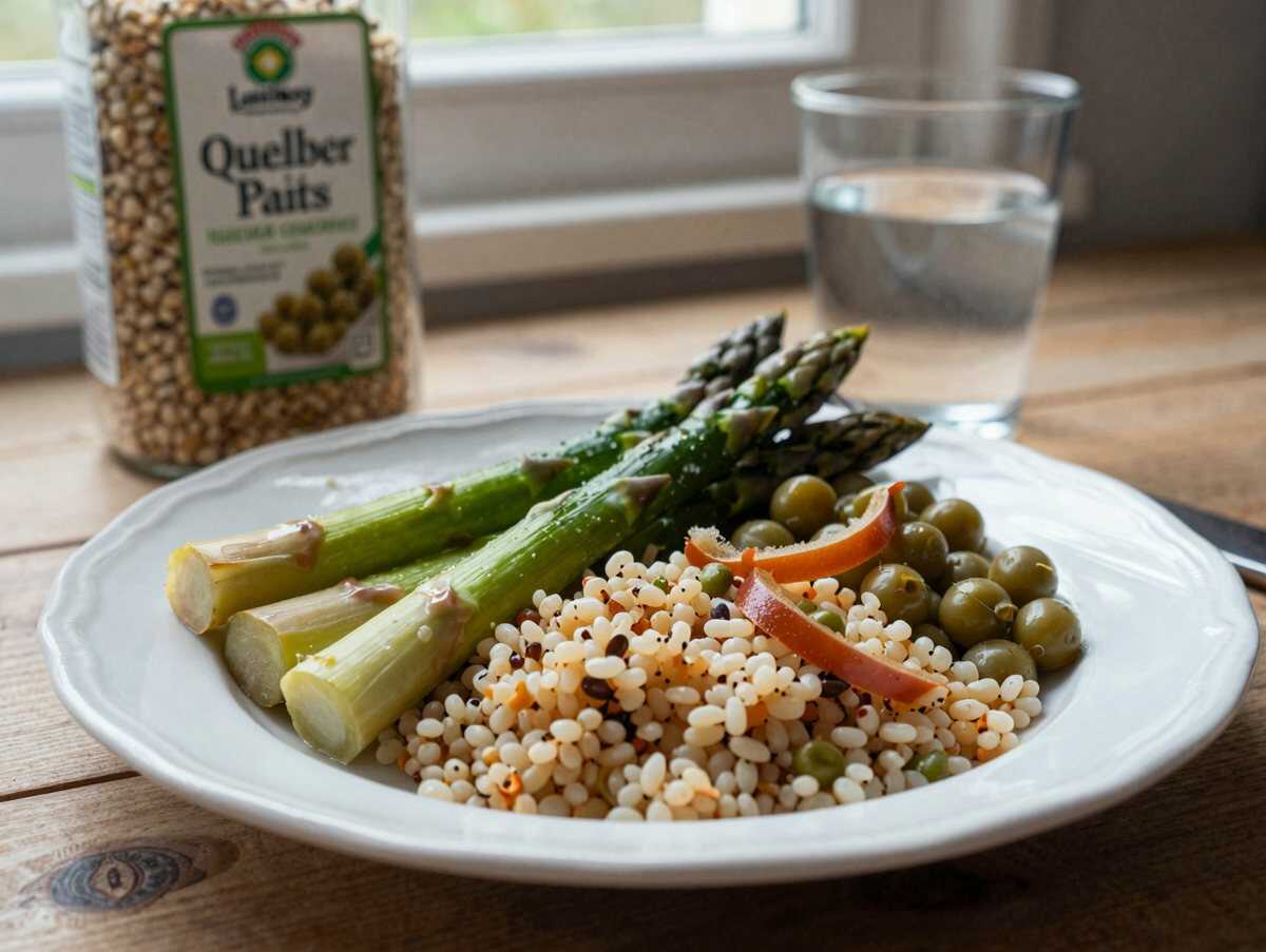 Freue dich auf ein frühlingshaftes Quinoa-Erlebnis mit Spargel, Erbsen & eingelegten Zwiebeln! – während der Zubereitung