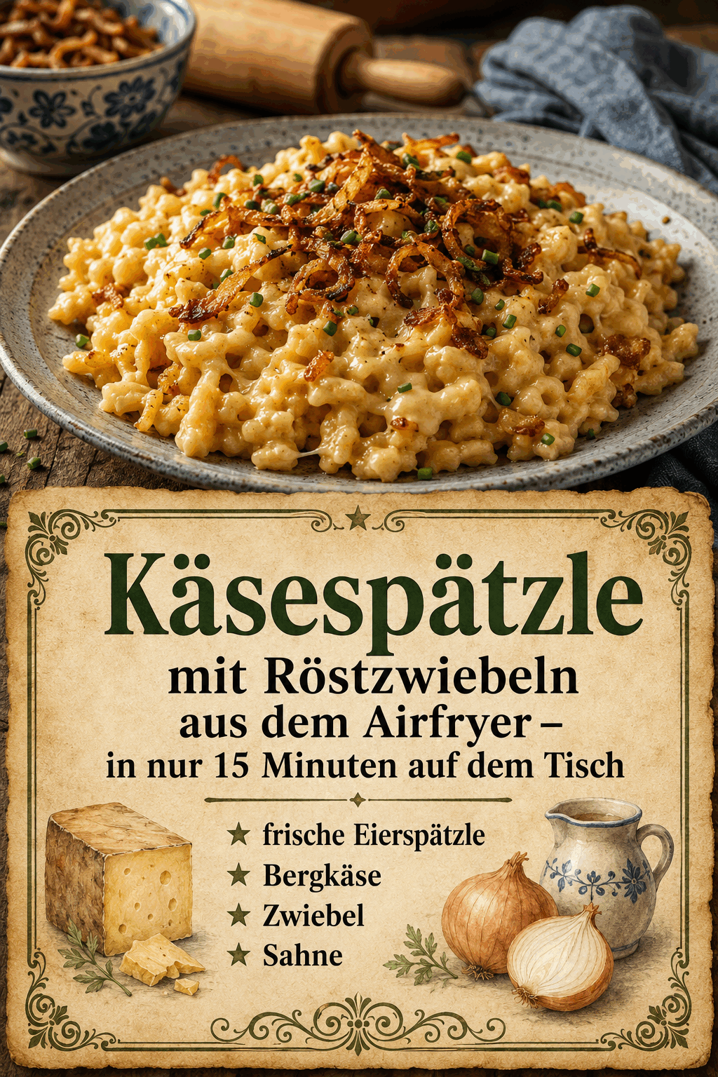 - frische Eierspätzle - Bergkäse - Zwiebel - Sahne
