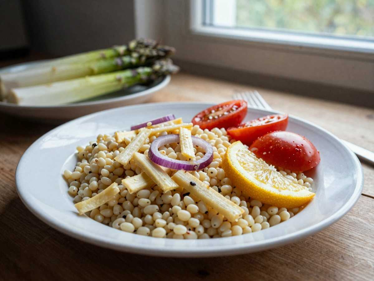 Frischer Frühlingsgenuss: Zitronen-Spargel-Couscous-Salat mit Tomaten entdecken! – während der Zubereitung