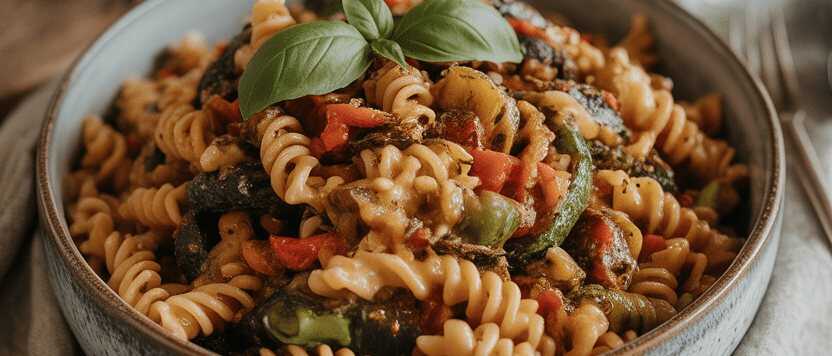 Fusilli-Salat mit Grillgemüse und Basilikum – Dein sommerlicher Farbrausch! – so sieht es fertig aus
