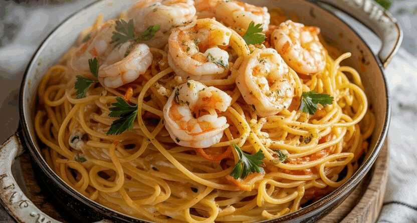 Garnelen Spaghetti in leckere Knoblauch Frischkäsesauce – so sieht es fertig aus
