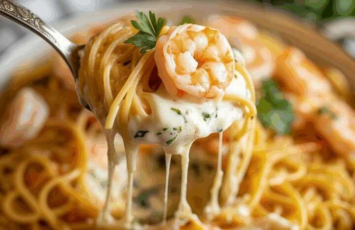 Garnelen Spaghetti in leckere Knoblauch Frischkäsesauce
