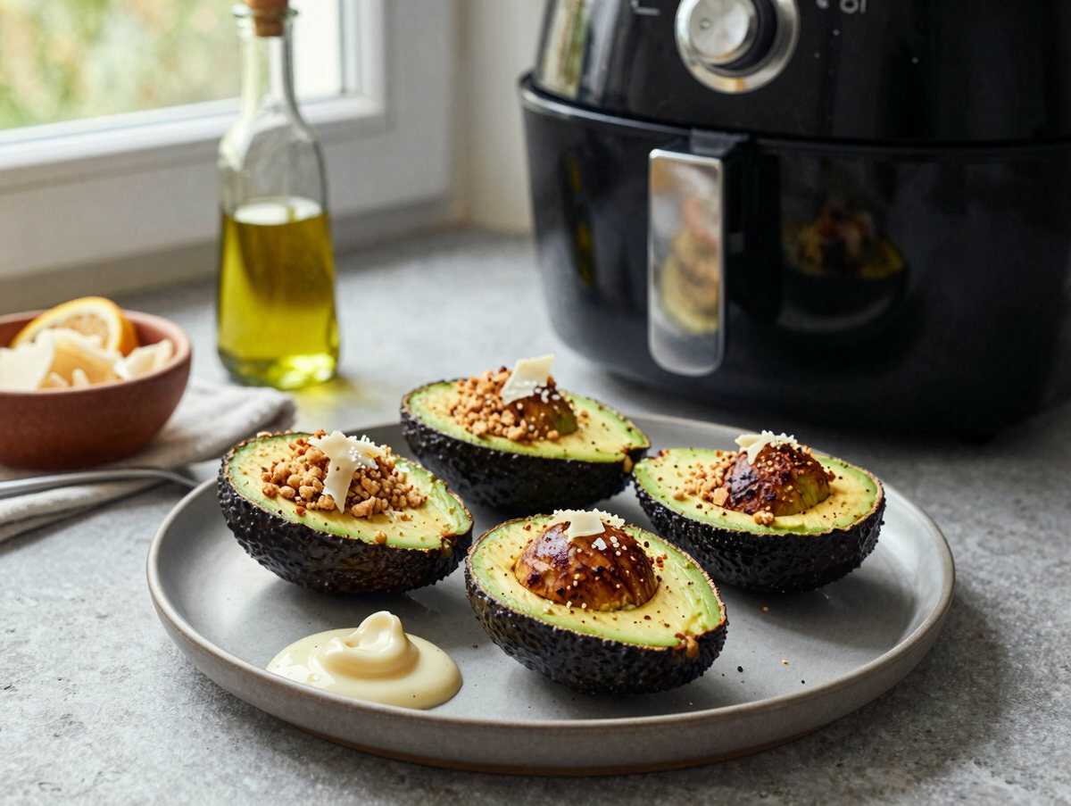 Gebackene Avocadohälften aus dem Airfryer – während der Zubereitung