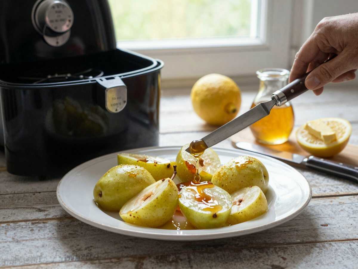 Gebackene Birnen mit Honig aus dem Airfryer – während der Zubereitung
