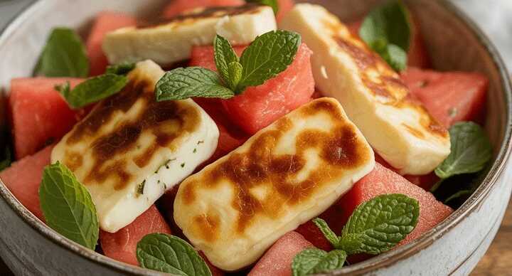 Gebackener Halloumi-Salat mit Wassermelone und Minze