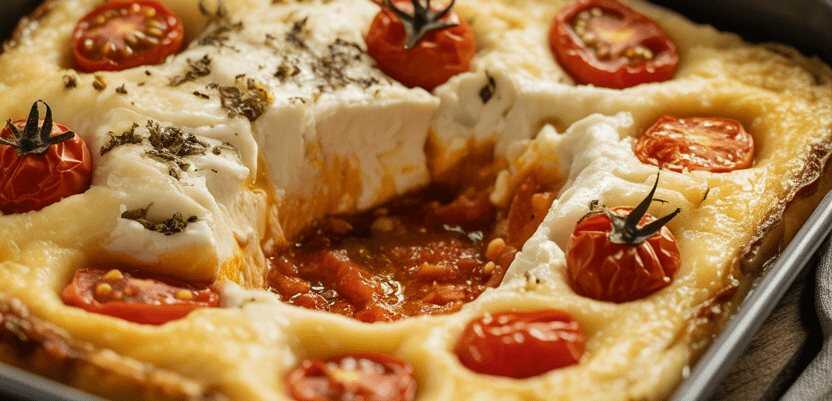Gebackener Schafskäse mit Knoblauch und 15 kleine Tomaten – so sieht es fertig aus