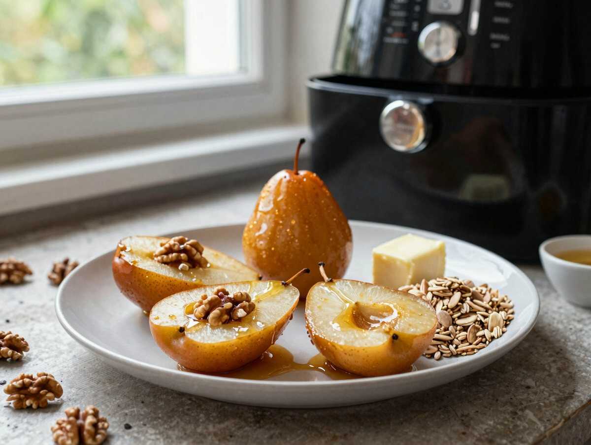 Gefüllte Bratbirnen mit Honig aus dem Airfryer – schnell, einfach, unfassbar gut – während der Zubereitung