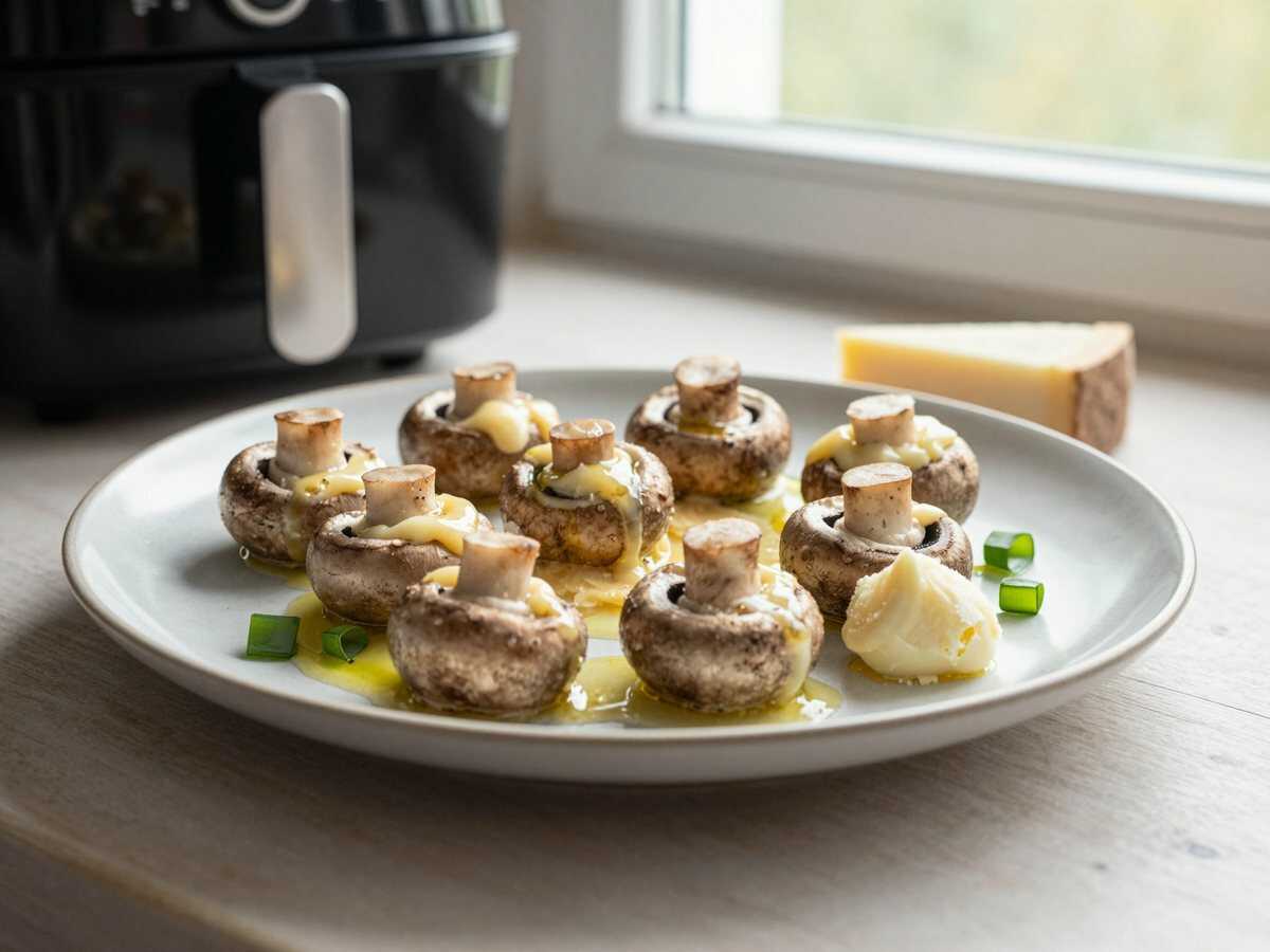 Gefüllte Champignons mit Frischkäse aus dem Airfryer – fertig, bevor der Ofen überhaupt heiß wäre – während der Zubereitung