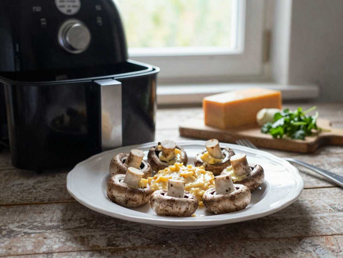 Gefüllte Champignons mit Frischkäse aus dem Airfryer – perfekt als Beilage zum Grillabend – während der Zubereitung
