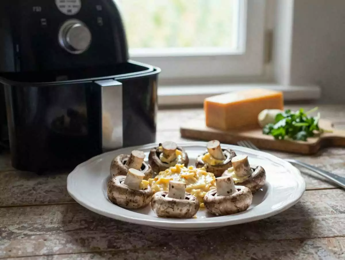 Gefüllte Champignons mit Frischkäse aus dem Airfryer – perfekt als Beilage zum Grillabend – während der Zubereitung