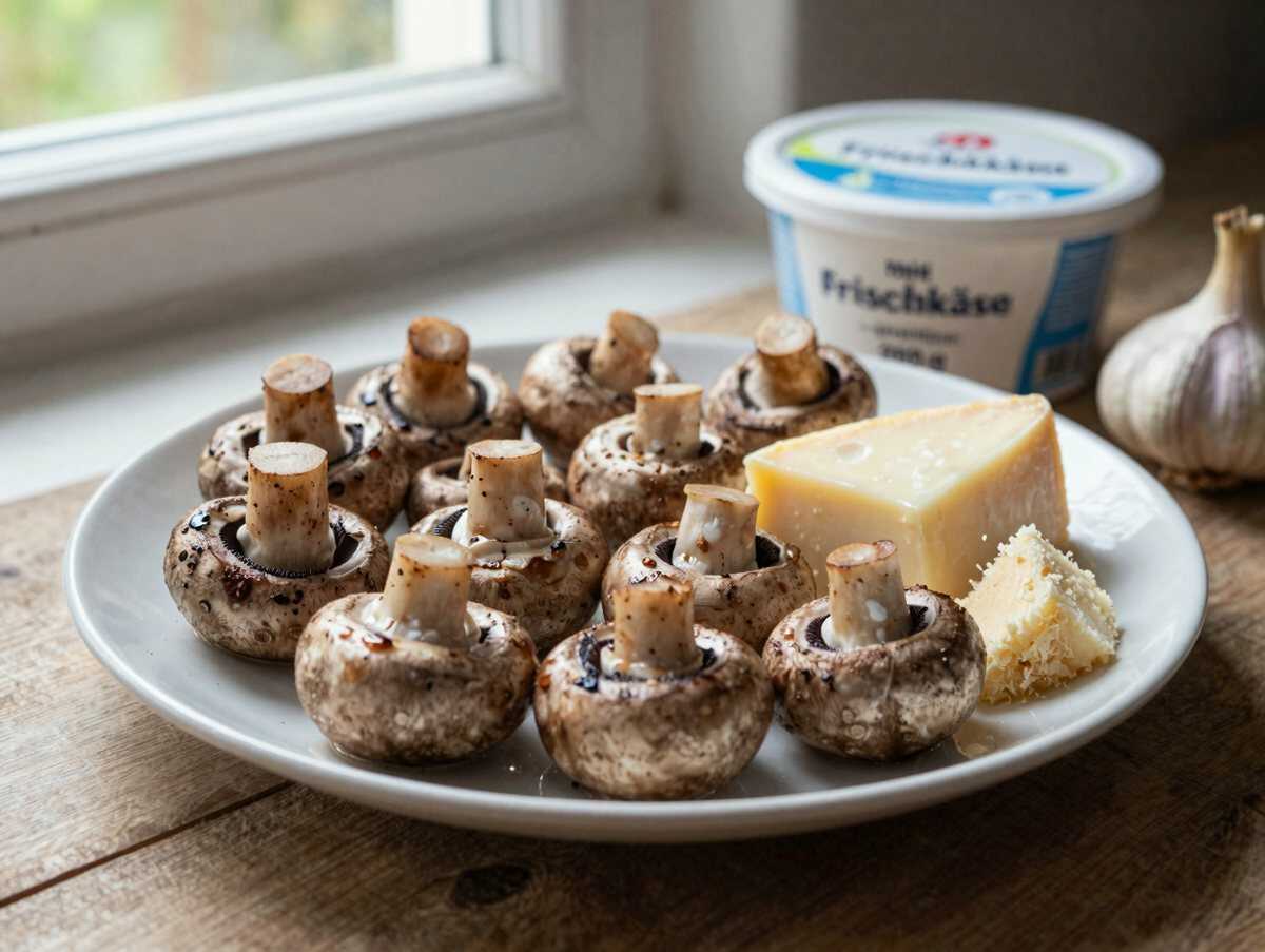 Gefüllte Champignons mit Frischkäse – während der Zubereitung