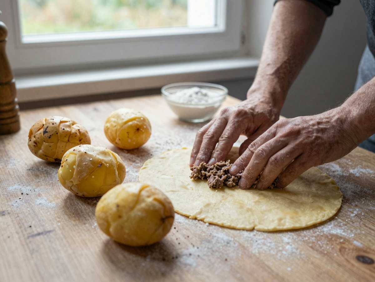 Gefüllte Kartoffelklöße mit Hackfleisch – das Soulfood für kalte Tage – während der Zubereitung