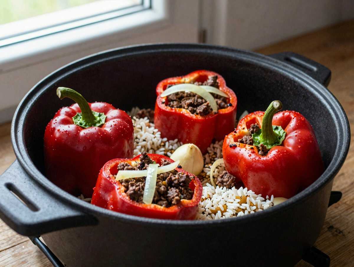 Gefüllte Paprika aus der Heißluftfritteuse – kalorienärmer als das Original – während der Zubereitung