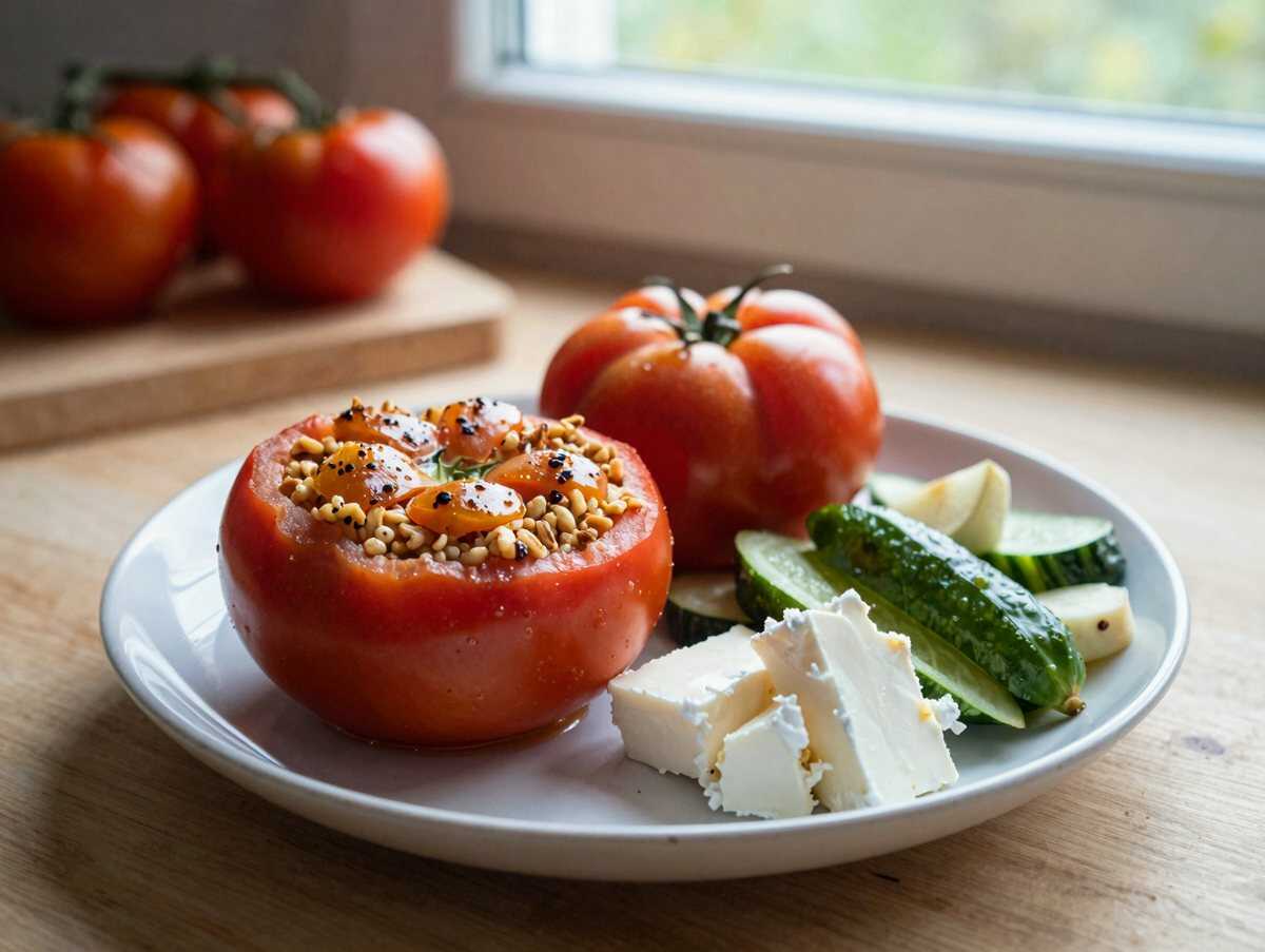 Gefüllte Tomaten mit Radieschen-Gurken-Salat und Ziegenkäse – während der Zubereitung