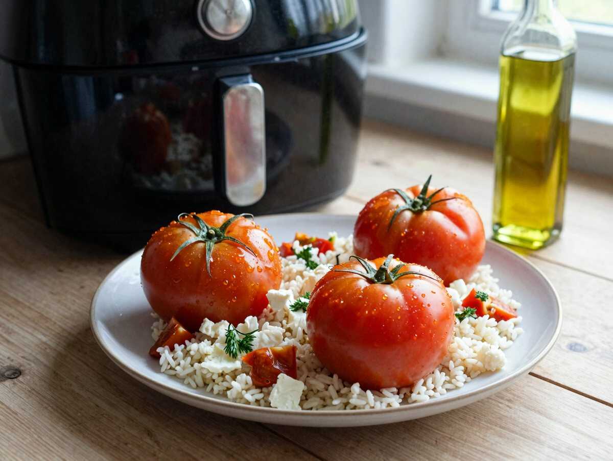 Gefüllte Tomaten mit Reis aus dem Airfryer – in nur 15 Minuten auf dem Tisch – während der Zubereitung