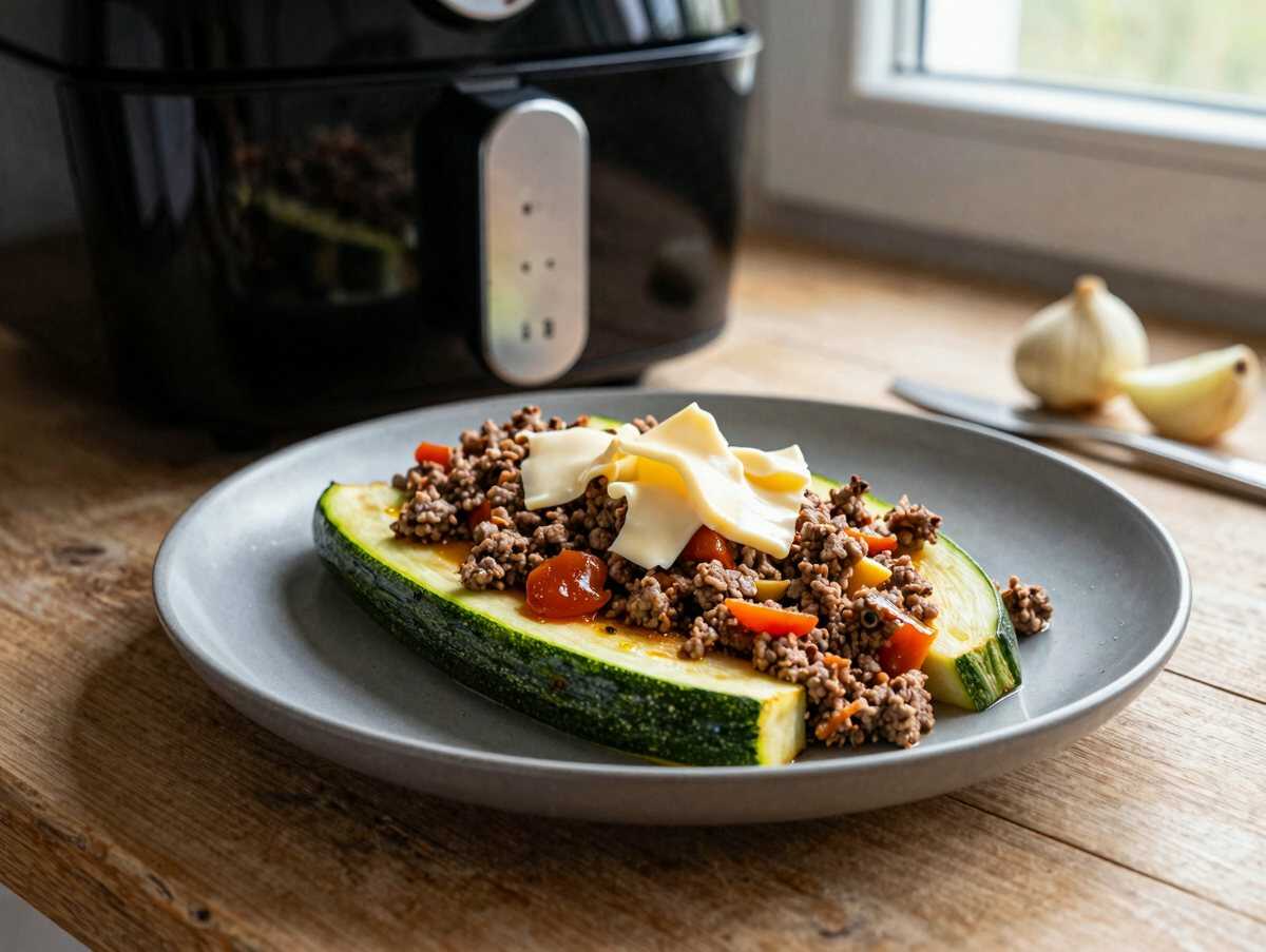 Gefüllte Zucchini mit Hackfleisch aus dem Airfryer – in nur 15 Minuten auf dem Tisch – während der Zubereitung