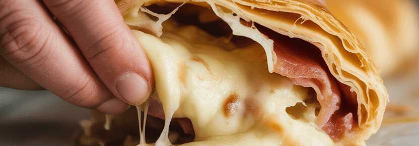Gefüllter Blätterteigstrudel mit Schinken und Käse in 10 Minuten