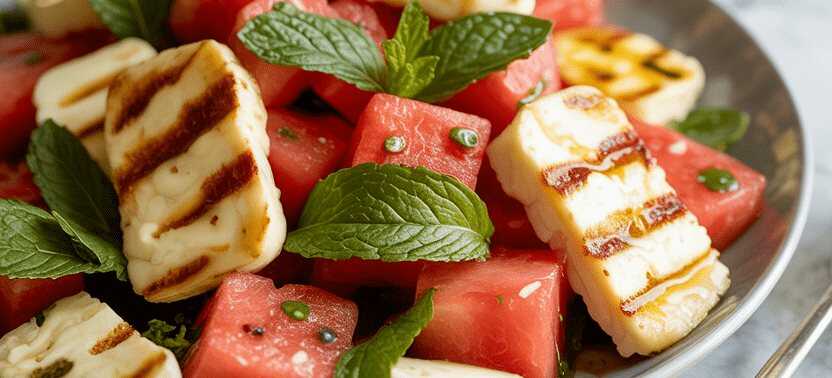 Gegrillter Halloumi-Salat mit Wassermelone und Minze – so sieht es fertig aus