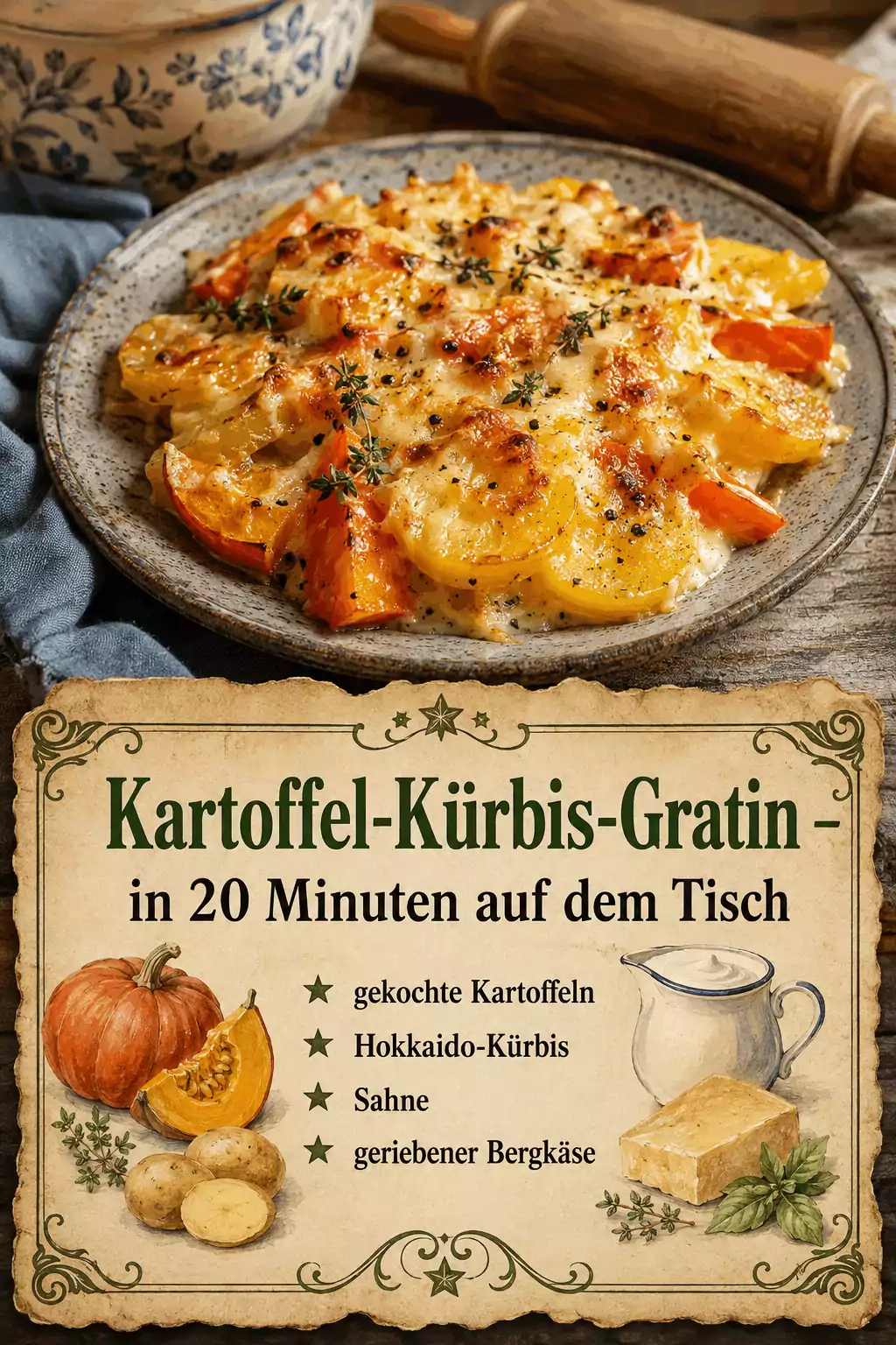 - gekochte Kartoffeln - Hokkaido-Kürbis - Sahne - geriebener Bergkäse