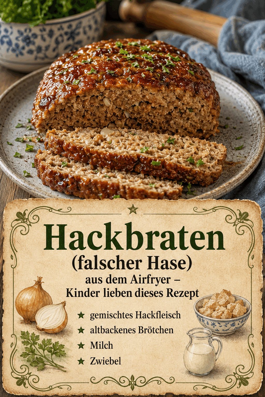 - gemischtes Hackfleisch - altbackenes Brötchen - Milch - Zwiebel