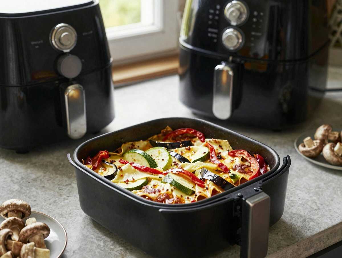 Gemüse-Lasagne portionsweise im Airfryer – während der Zubereitung