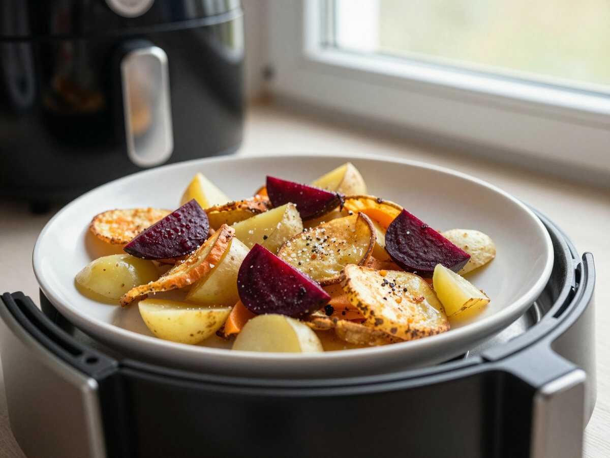 Gemüsechips ohne Fett aus dem Airfryer – ideal für den Kindergeburtstag – während der Zubereitung