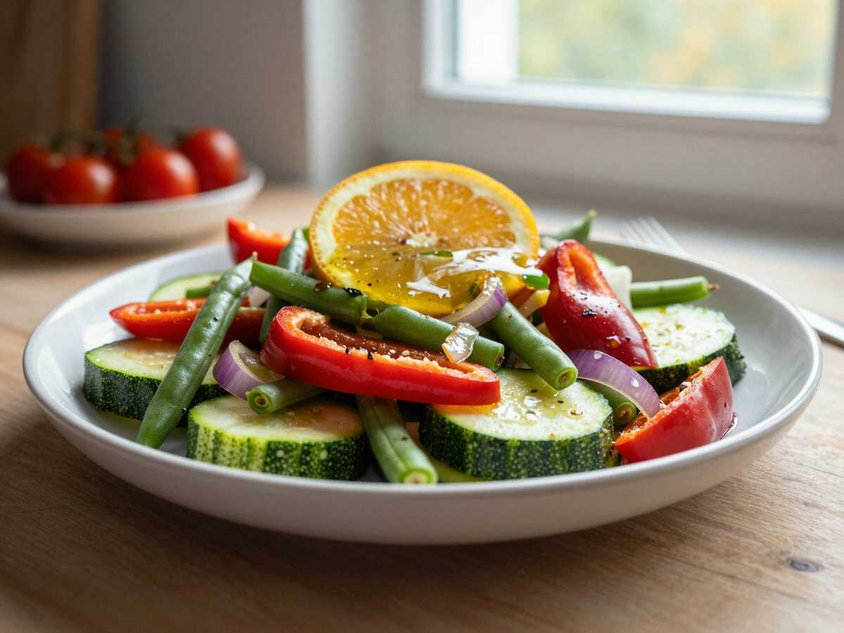 Gemüsesalat mit Zitronen-Olivenöl-Dressing – während der Zubereitung