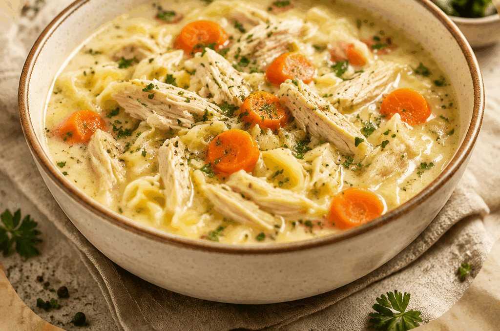 Gemütlich: Cremige Hühner-Nudelsuppe in nur 30 Minuten genießen