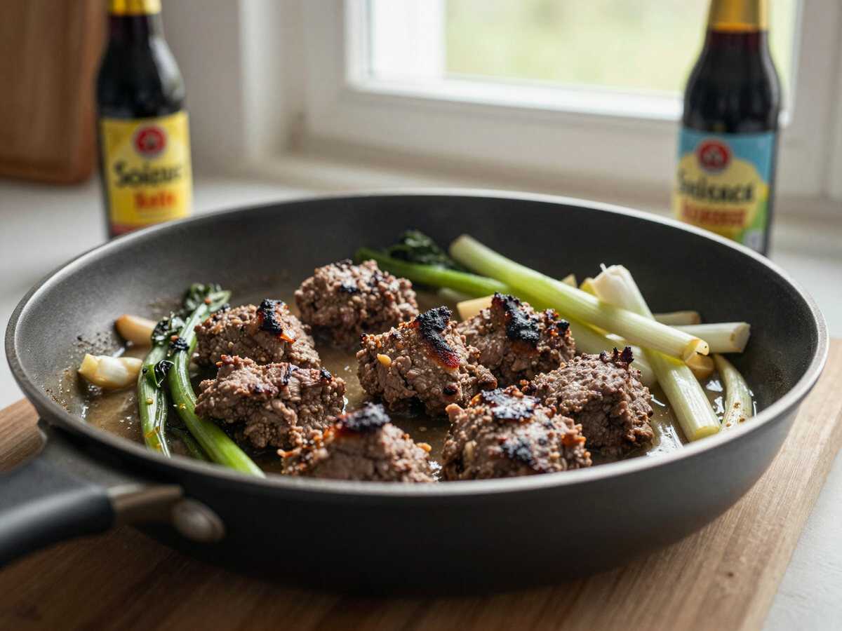 Gesundes 25-Minuten-Wunder: Chinesisches Hackfleisch & Kohl Pfannengericht! – während der Zubereitung