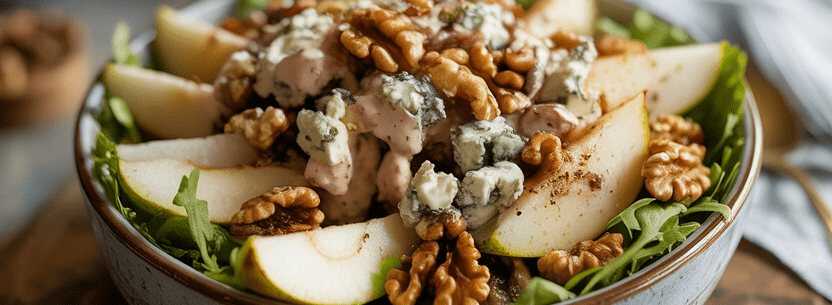 Gewürzter Birnen-Walnuss-Salat mit Blauschimmelkäse – so sieht es fertig aus