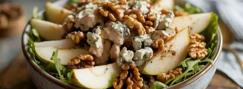 Gewürzter Birnen-Walnuss-Salat mit Blauschimmelkäse – so sieht es fertig aus