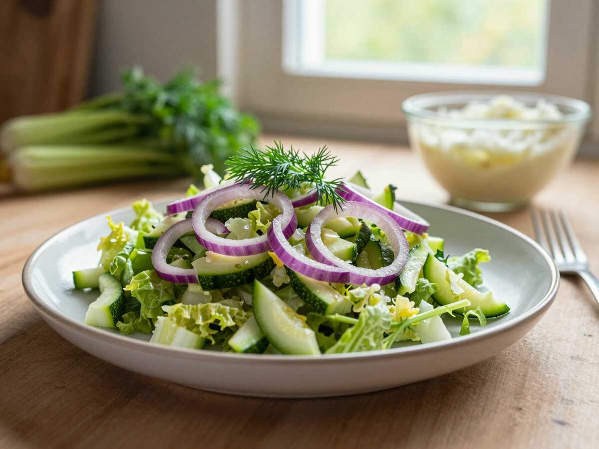 Gurkensalat mit Chinakohl gut zum Abnehmen in 5 Minuten fertig – während der Zubereitung