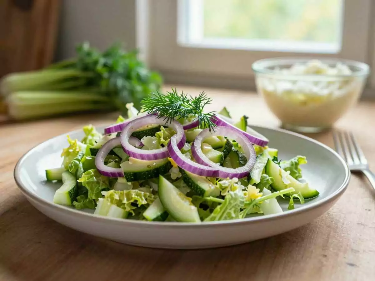 Gurkensalat mit Chinakohl gut zum Abnehmen in 5 Minuten fertig – während der Zubereitung