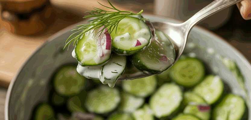 Gurkensalat mit Dill und Zwiebeln klassisch – so sieht es fertig aus
