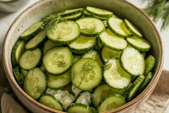 Gurkensalat mit Essig, Öl und Zucker