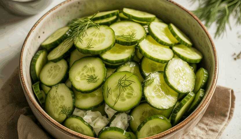 Gurkensalat mit Essig, Öl und Zucker